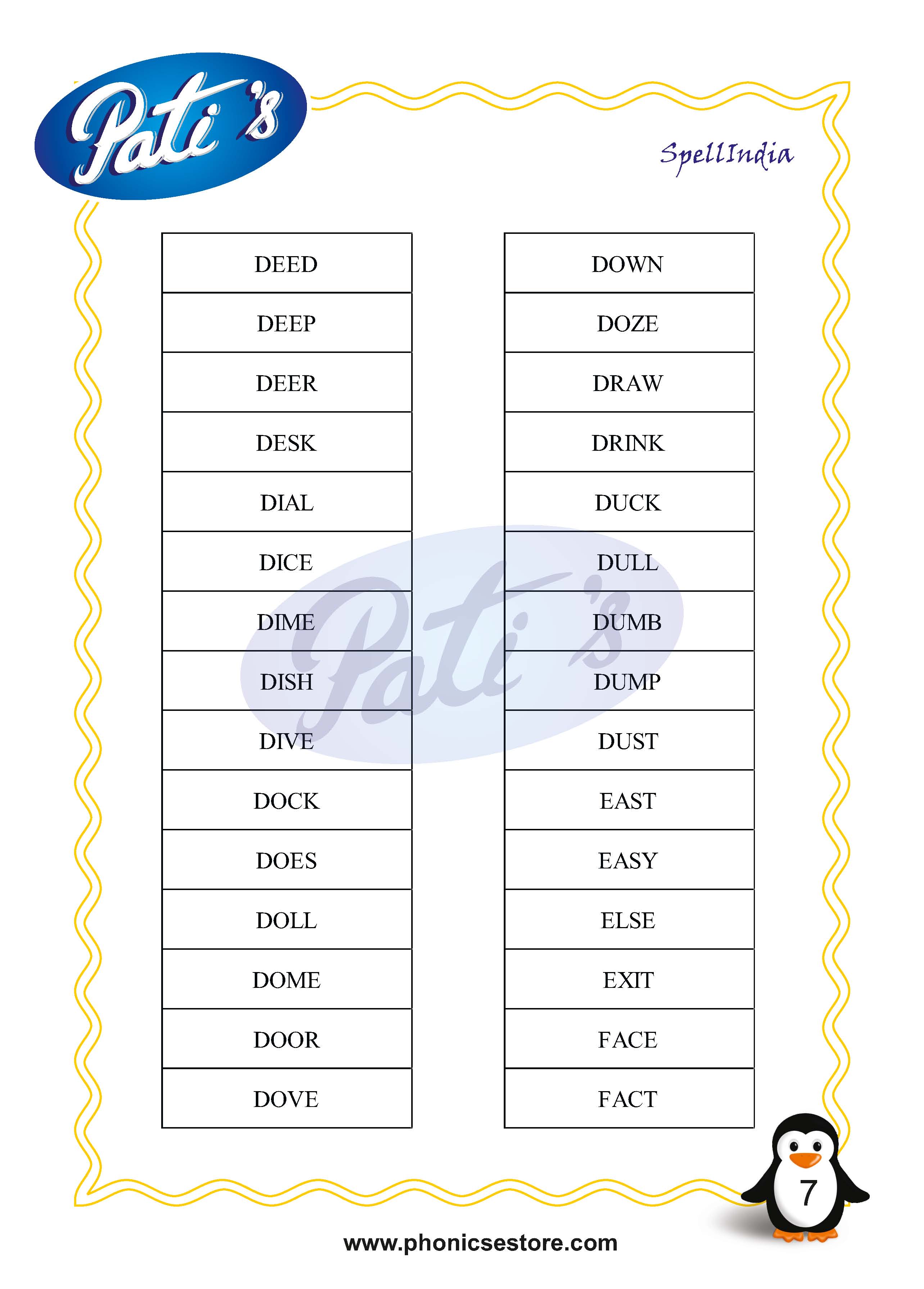 Pati Spelling Bee word list Class 2 Grade 2